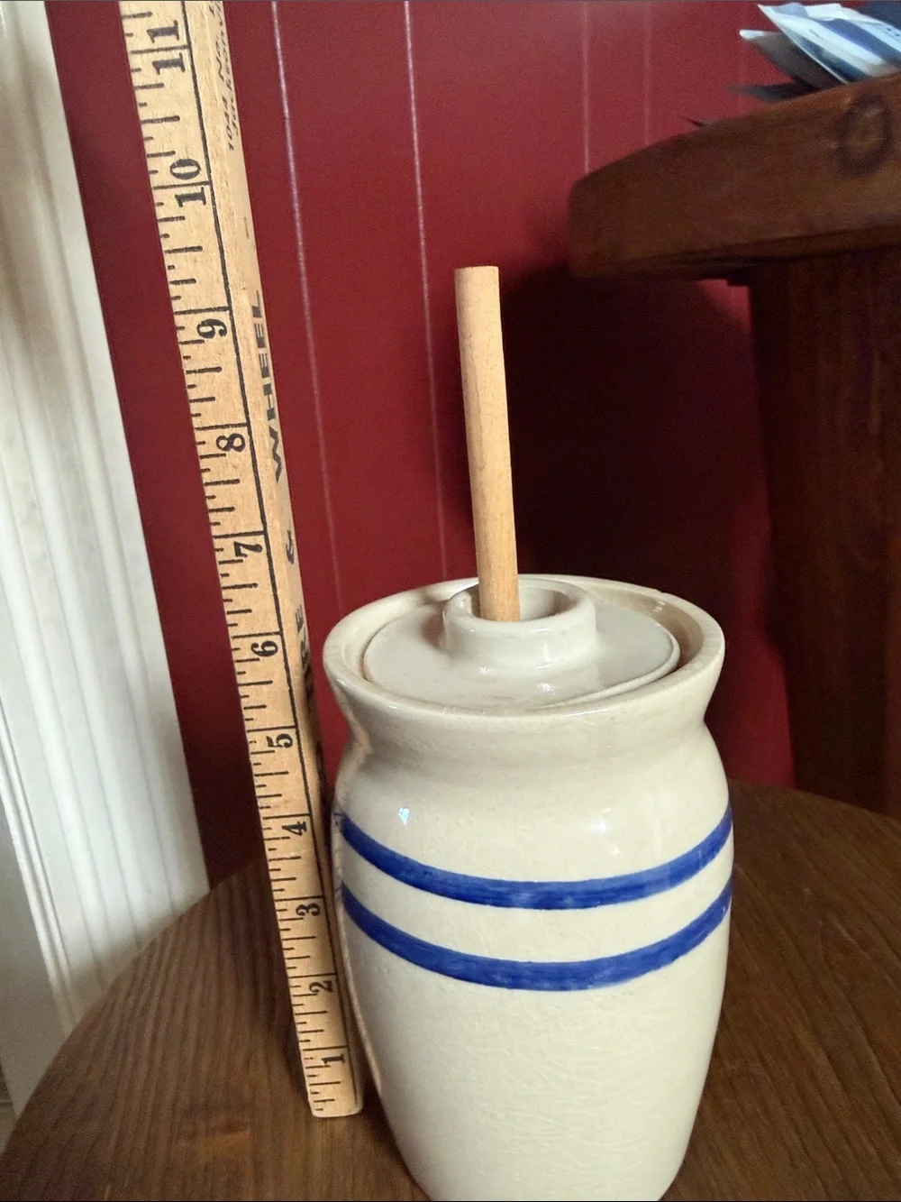Faux Butter Churn Home Decor With Blue Strips-Great Condition-9